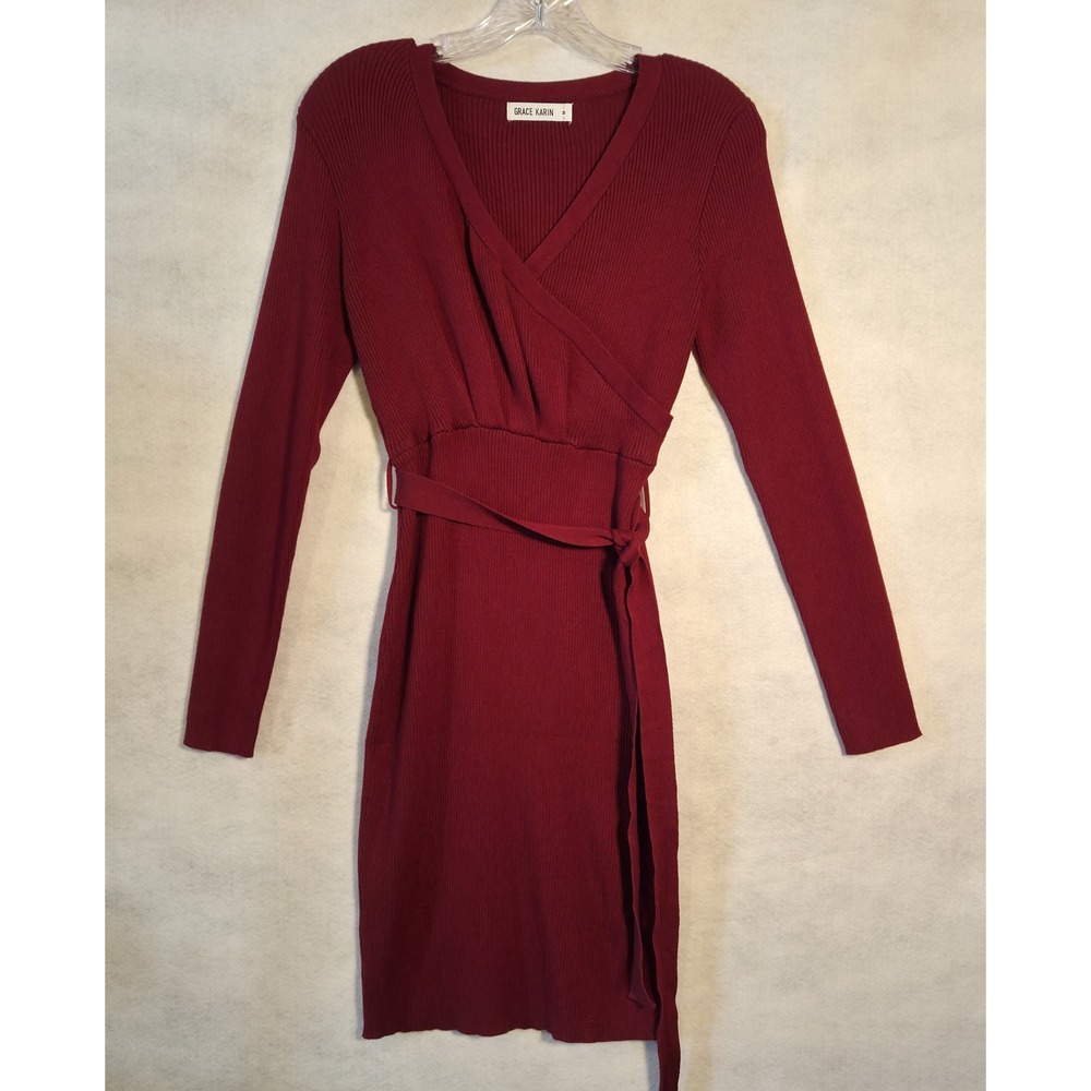 Grace Karin Sweater Dress Womens Medium Burgundy Ribbed Knit Wrap V-Neck Core - Picture 2 of 8